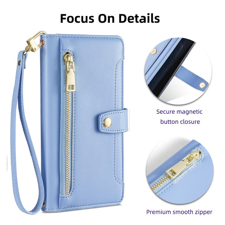 For Samsung Galaxy A23 5G (Global Version) Magnetic Phone Case PU Leather Stand Cover with Wrist Strap - Blue