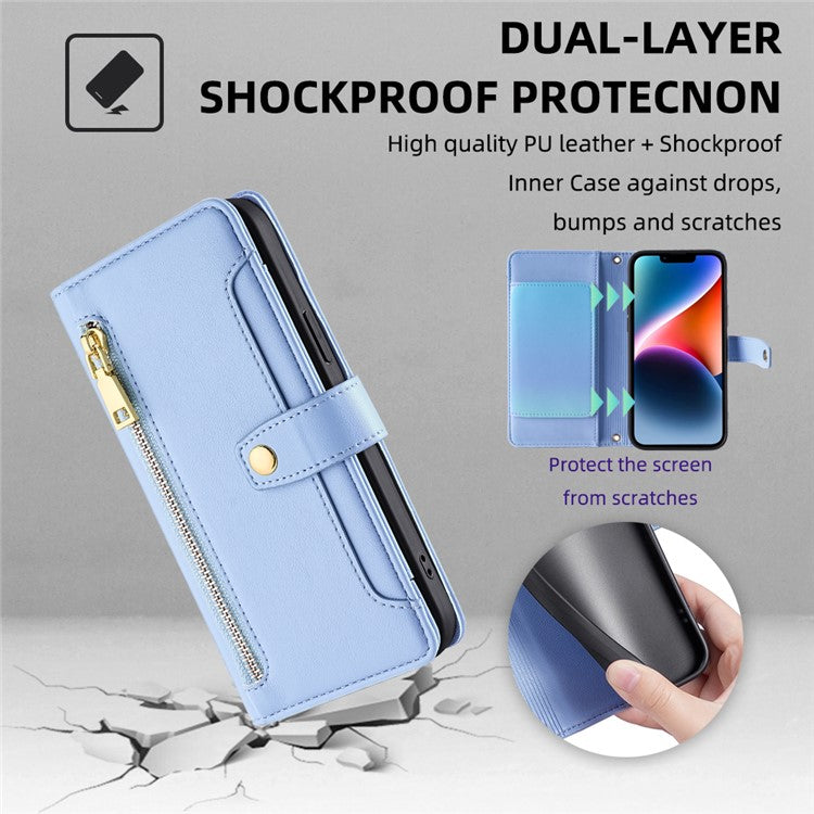 For Samsung Galaxy A23 5G (Global Version) Magnetic Phone Case PU Leather Stand Cover with Wrist Strap - Blue