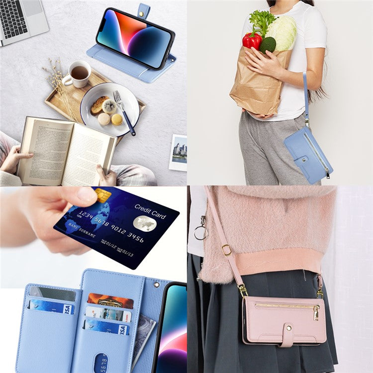 For Samsung Galaxy A23 5G (Global Version) Magnetic Phone Case PU Leather Stand Cover with Wrist Strap - Blue