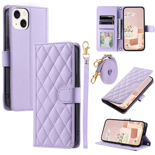 For iPhone 14 Plus Leather Stand Case Rhombus Grid Wallet Phone Cover - Purple