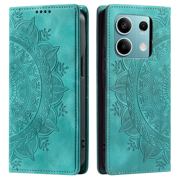 For Xiaomi Redmi Note 13 5G Leather Case Imprinted Mandala Wallet Phone Cover - Mint Green
