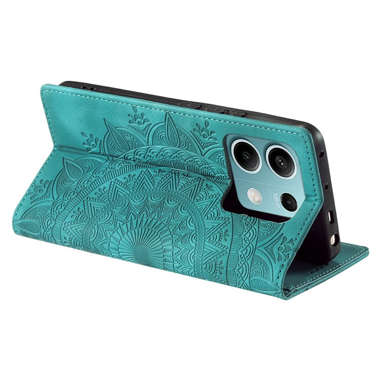 For Xiaomi Redmi Note 13 5G Leather Case Imprinted Mandala Wallet Phone Cover - Mint Green
