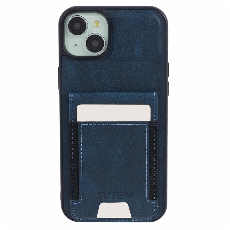 SUTENI H03 For iPhone 14 Plus Back Phone Cover PU Leather Vertical Flip Kickstand Case - Blue