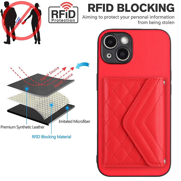 YB Leather Coating Series-8 For iPhone 14 Plus Case RFID Blocking Leather+TPU Card Slots Phone Cover - Red