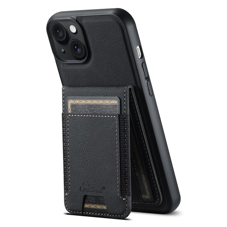 SUTENI H17 For iPhone 14 Case Card Slots Leather Coated TPU Magnetic Phone Cover - Black