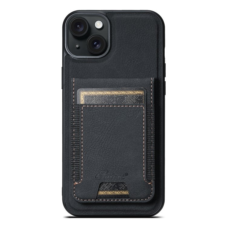 SUTENI H17 For iPhone 14 Case Card Slots Leather Coated TPU Magnetic Phone Cover - Black