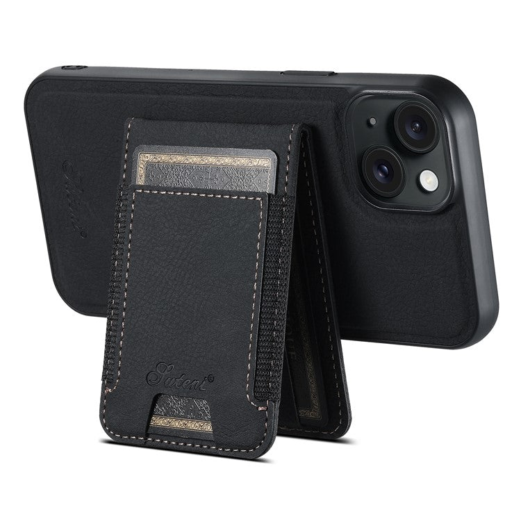 SUTENI H17 For iPhone 14 Case Card Slots Leather Coated TPU Magnetic Phone Cover - Black