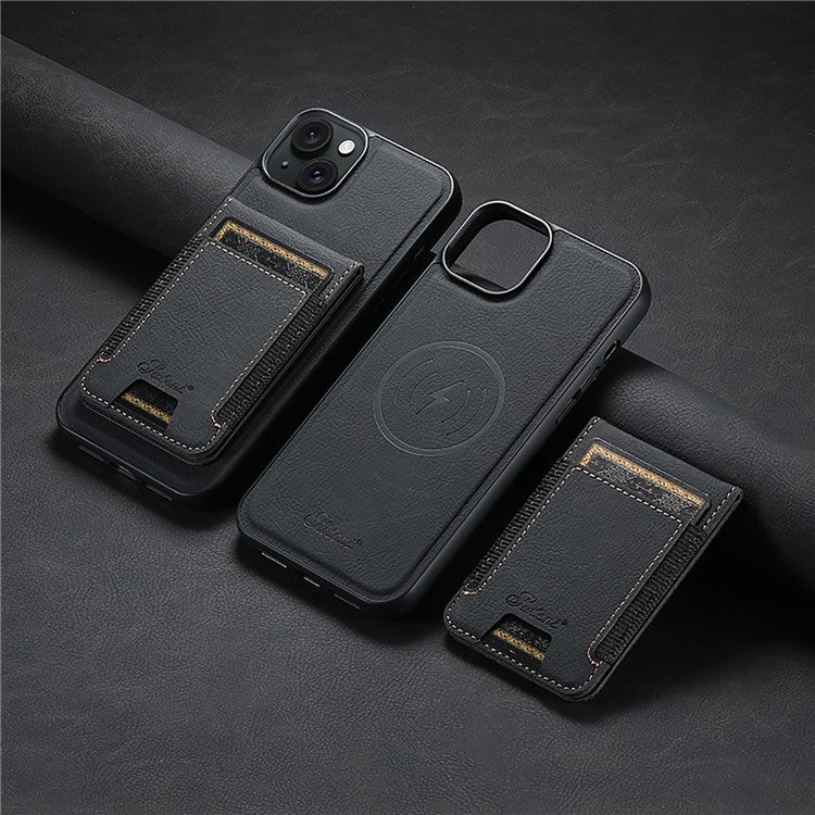 SUTENI H17 For iPhone 14 Case Card Slots Leather Coated TPU Magnetic Phone Cover - Black