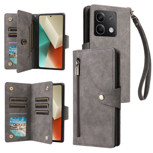 For Xiaomi Redmi Note 13 5G Leather Case Rivet Decor 9 Card Holder Slots Zipper Pocket Cover - Grey