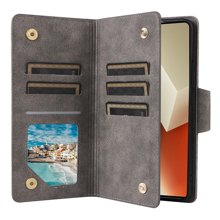 For Xiaomi Redmi Note 13 5G Leather Case Rivet Decor 9 Card Holder Slots Zipper Pocket Cover - Grey