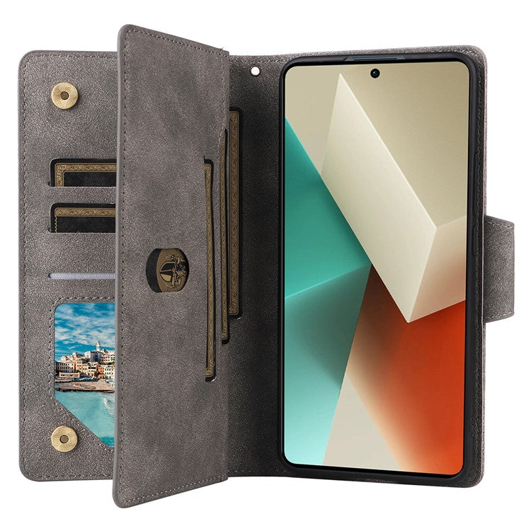 For Xiaomi Redmi Note 13 5G Leather Case Rivet Decor 9 Card Holder Slots Zipper Pocket Cover - Grey
