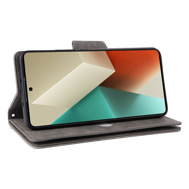 For Xiaomi Redmi Note 13 5G Leather Case Rivet Decor 9 Card Holder Slots Zipper Pocket Cover - Grey