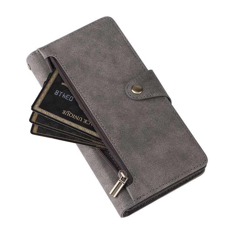 For Xiaomi Redmi Note 13 5G Leather Case Rivet Decor 9 Card Holder Slots Zipper Pocket Cover - Grey
