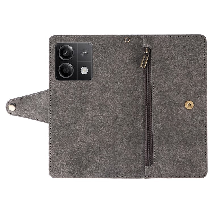 For Xiaomi Redmi Note 13 5G Leather Case Rivet Decor 9 Card Holder Slots Zipper Pocket Cover - Grey