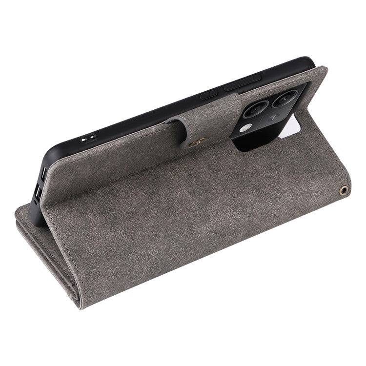 For Xiaomi Redmi Note 13 5G Leather Case Rivet Decor 9 Card Holder Slots Zipper Pocket Cover - Grey