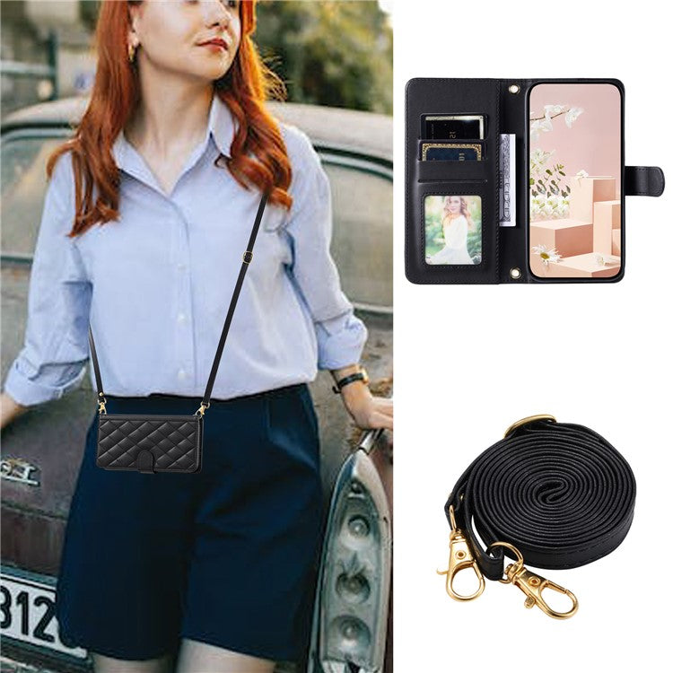 For Huawei P50 4G Case with Shoulder Strap Stand PU Leather Wallet Phone Cover - Black