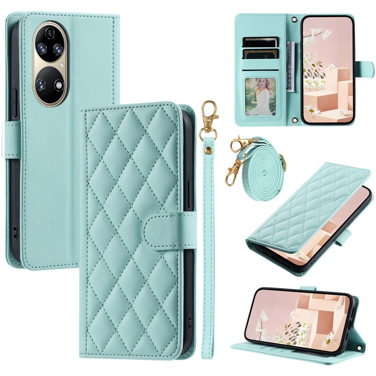 For Huawei P50 4G Case with Shoulder Strap Stand PU Leather Wallet Phone Cover - Mint Green