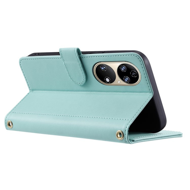 For Huawei P50 4G Case with Shoulder Strap Stand PU Leather Wallet Phone Cover - Mint Green