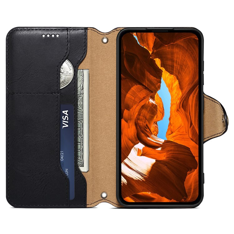 DENIOR For iPhone 14 Plus Shockproof Case Cowhide Texture Stand Mobile Phone Cover - Black