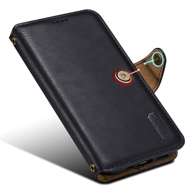 DENIOR For iPhone 14 Plus Shockproof Case Cowhide Texture Stand Mobile Phone Cover - Black