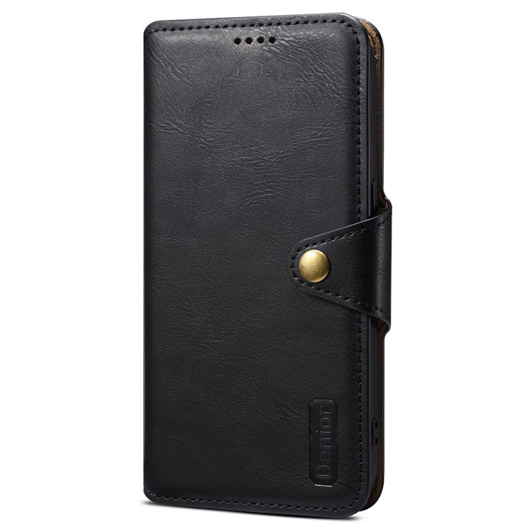 DENIOR For iPhone 14 Plus Shockproof Case Cowhide Texture Stand Mobile Phone Cover - Black