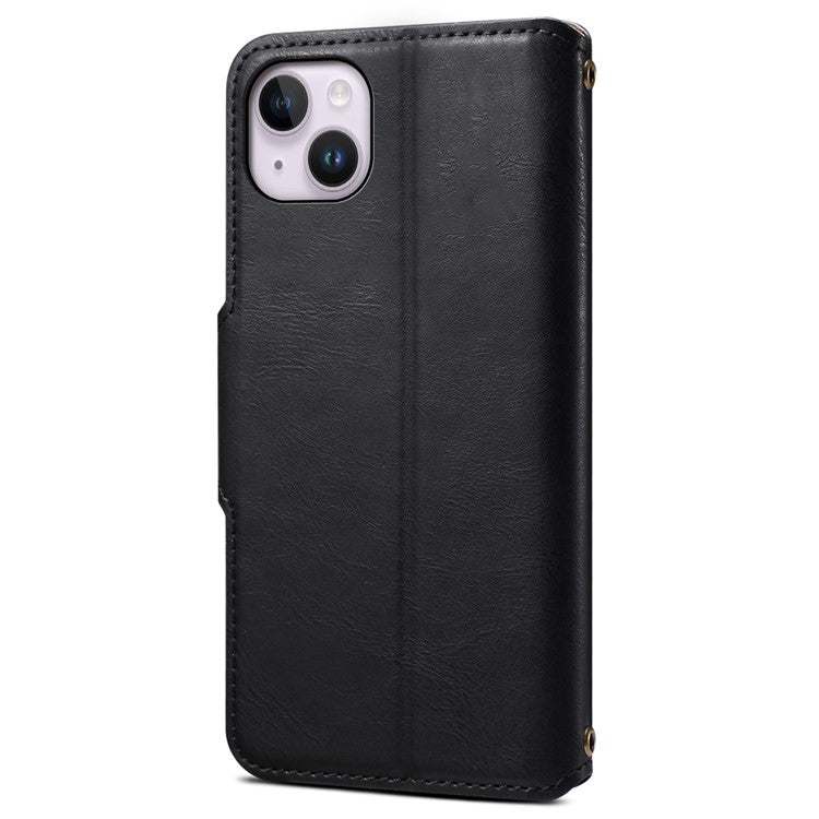 DENIOR For iPhone 14 Plus Shockproof Case Cowhide Texture Stand Mobile Phone Cover - Black