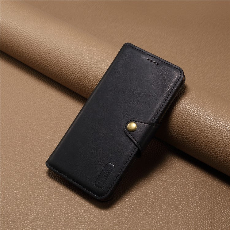 DENIOR For iPhone 14 Plus Shockproof Case Cowhide Texture Stand Mobile Phone Cover - Black