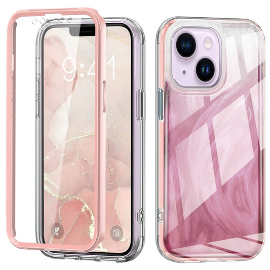 PC+TPU Case for iPhone 14 Shell Gradient Feather Pattern Phone Cover with PET Screen Film - Pink