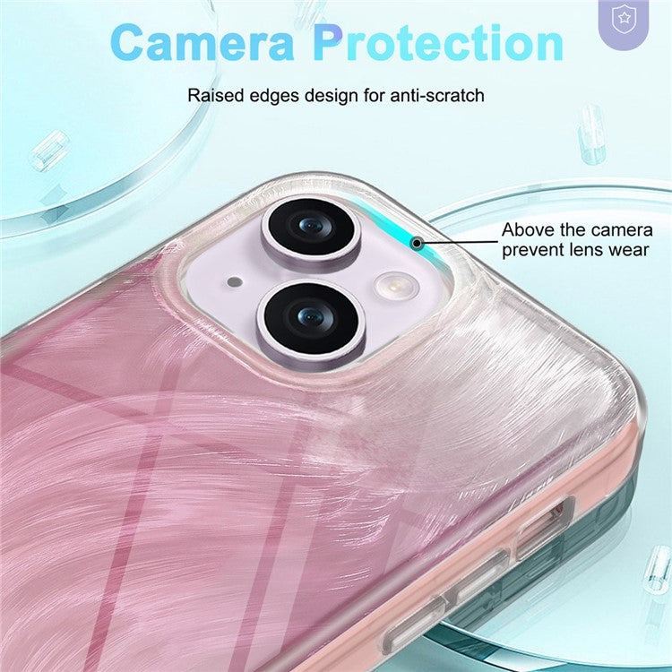 PC+TPU Case for iPhone 14 Shell Gradient Feather Pattern Phone Cover with PET Screen Film - Pink