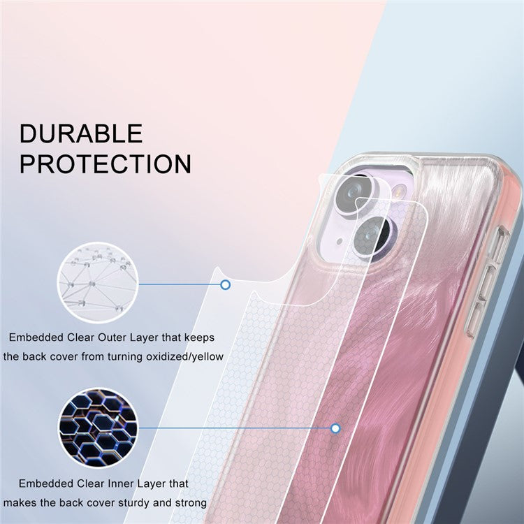 PC+TPU Case for iPhone 14 Shell Gradient Feather Pattern Phone Cover with PET Screen Film - Pink