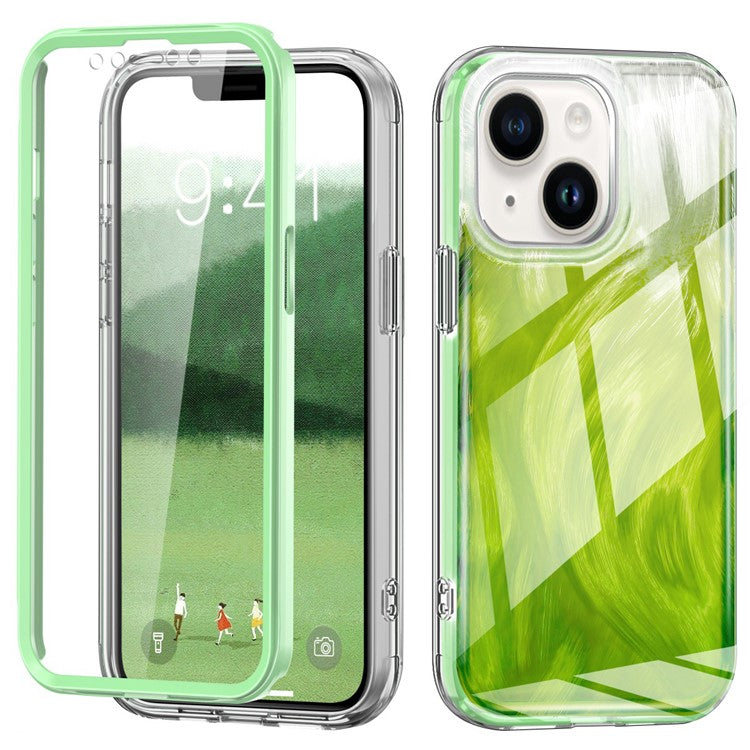 For iPhone 14 Plus Phone Case Gradient Feather Pattern PC+TPU Full Body Protection Cover - Green