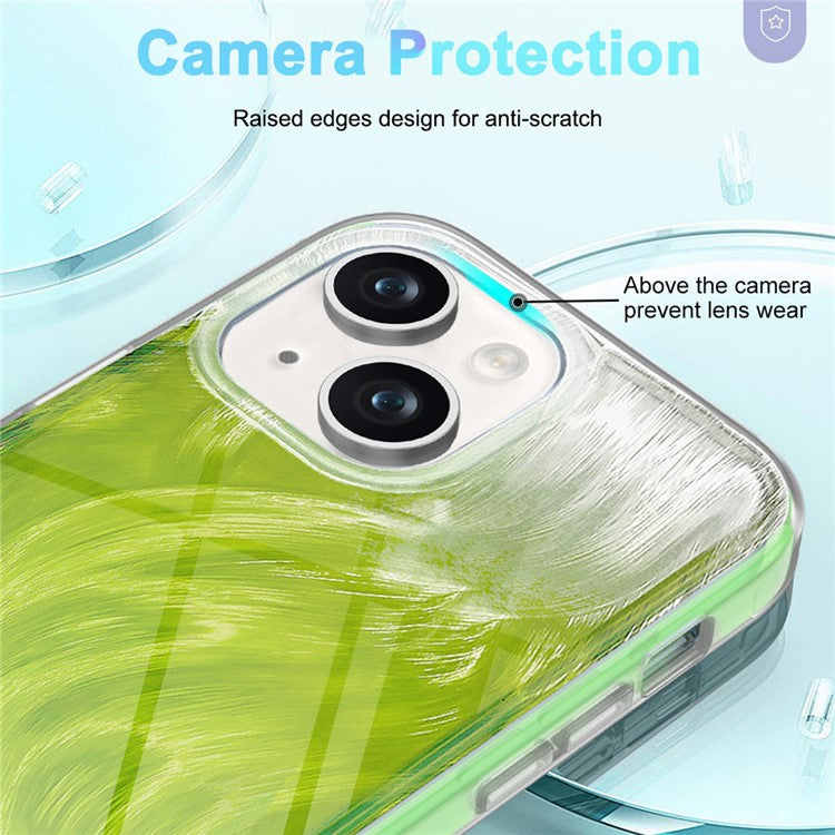 For iPhone 14 Plus Phone Case Gradient Feather Pattern PC+TPU Full Body Protection Cover - Green