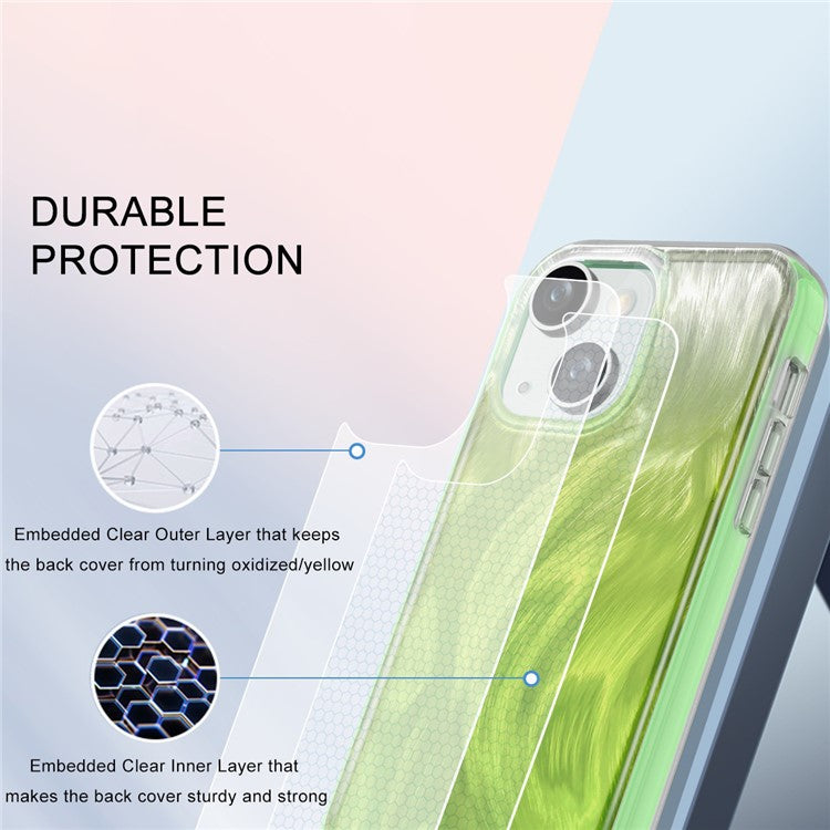 For iPhone 14 Plus Phone Case Gradient Feather Pattern PC+TPU Full Body Protection Cover - Green