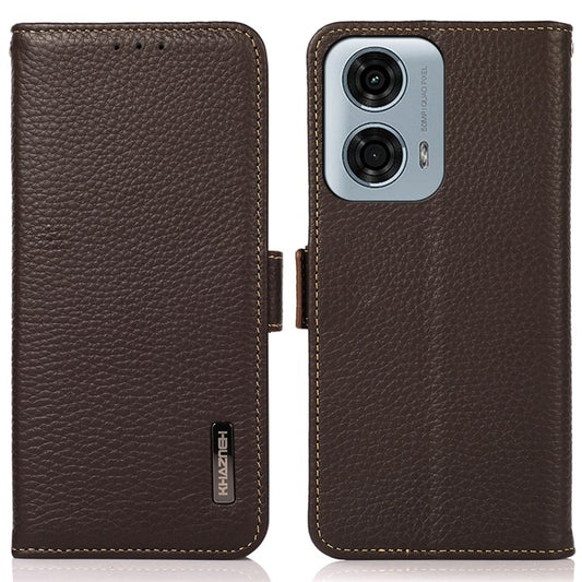 KHAZNEH For Motorola Moto G45 5G / G34 5G Case Litchi Texture RFID Blocking Anti-Drop Phone Cover - Brown