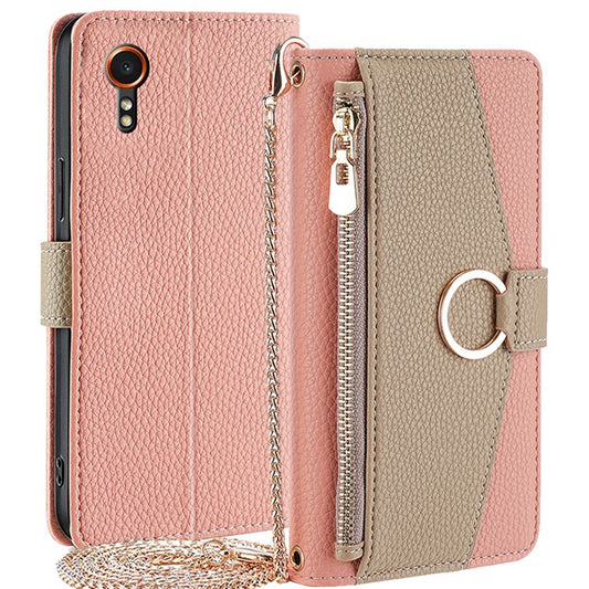 For Samsung Galaxy Xcover7 Makeup Mirror Zipper Pocket Phone Cover Shockproof Case with Shoulder Strap - Pink