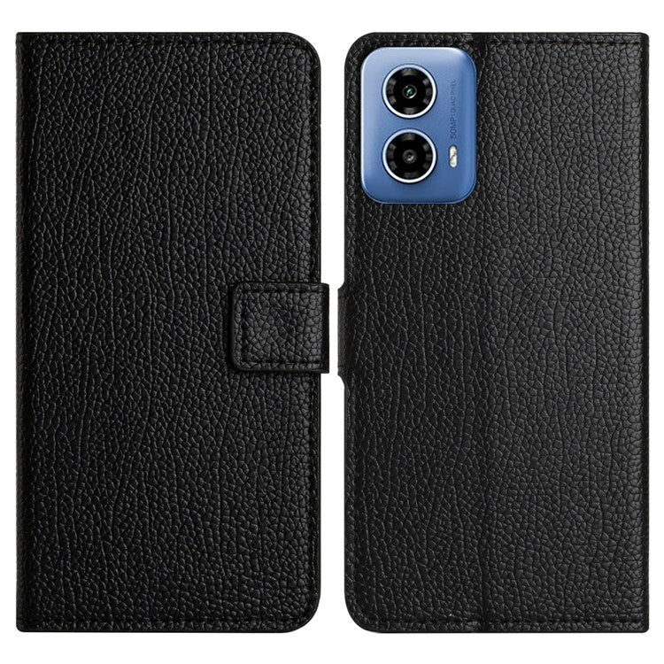 Cell Phone Cover for Motorola Moto G24 Power Case Litchi Texture PU Leather Stand Wallet - Black