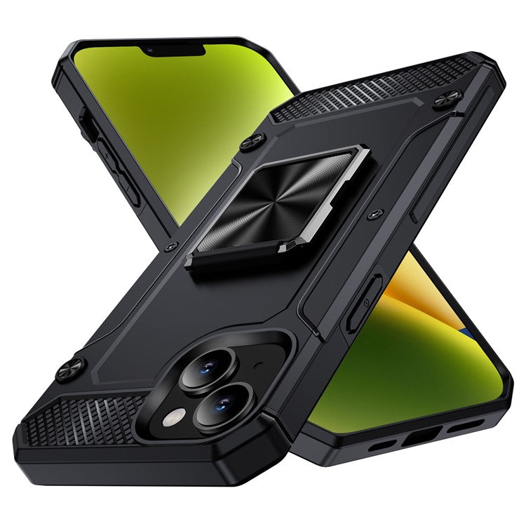 For iPhone 14 Case Rotation Ring Holder PC+TPU Drop Protection Phone Cover - Black
