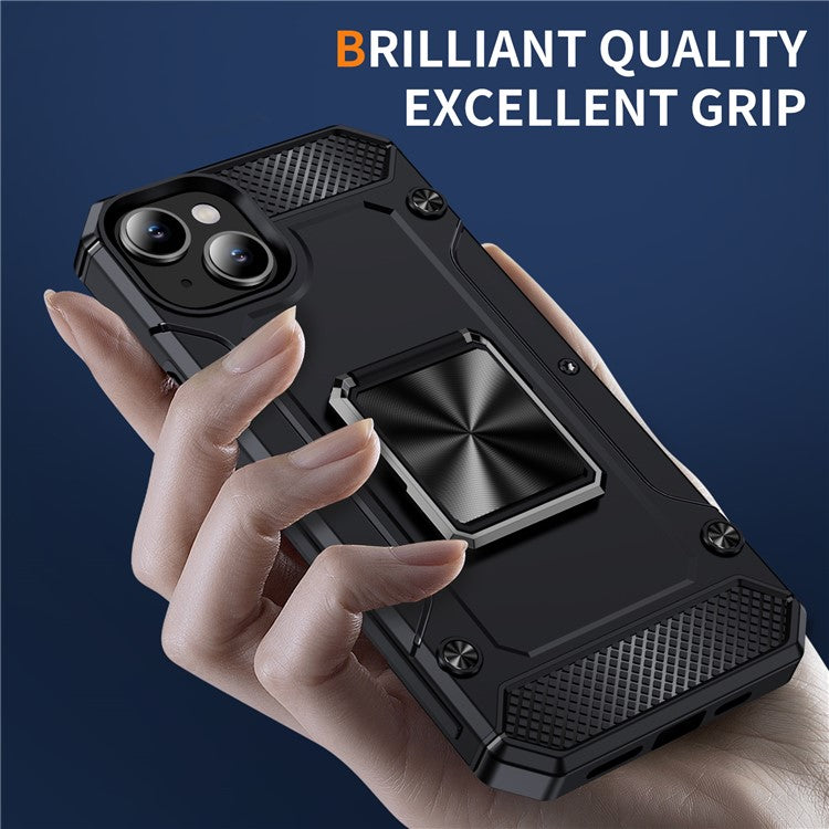 For iPhone 14 Case Rotation Ring Holder PC+TPU Drop Protection Phone Cover - Black