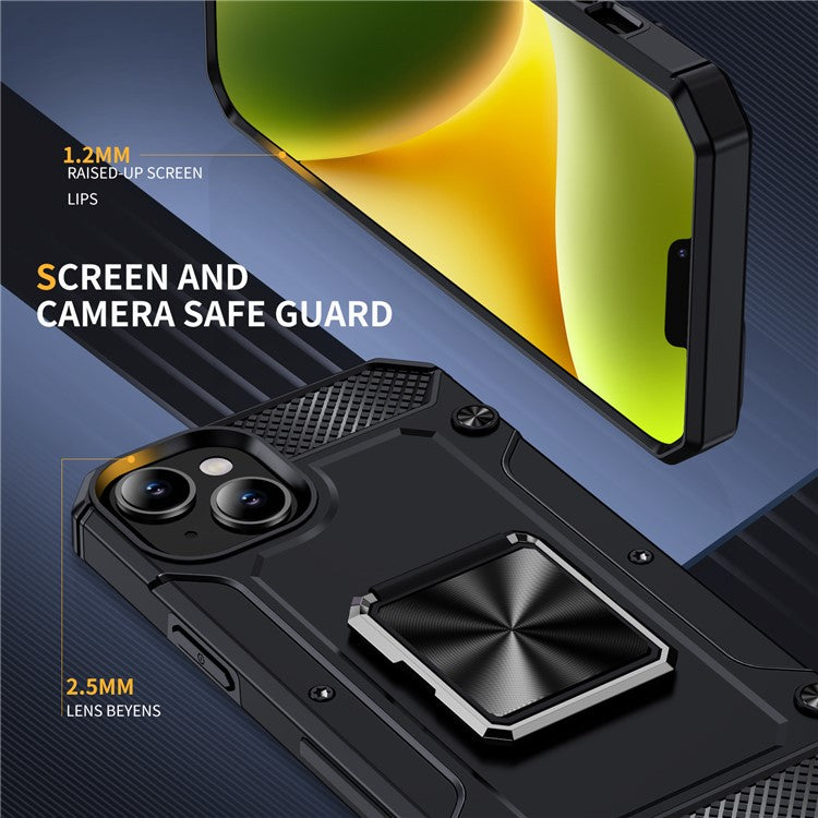 For iPhone 14 Case Rotation Ring Holder PC+TPU Drop Protection Phone Cover - Black