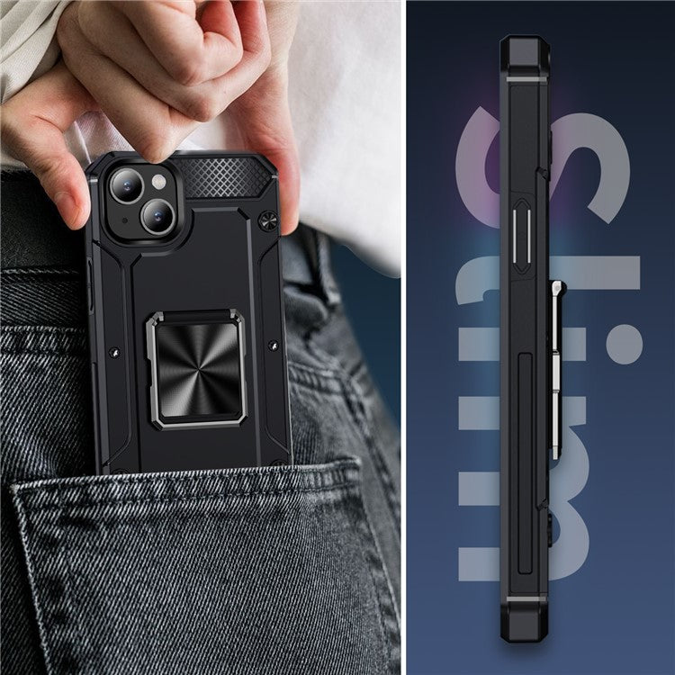 For iPhone 14 Case Rotation Ring Holder PC+TPU Drop Protection Phone Cover - Black