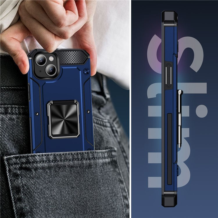 For iPhone 14 Case Rotation Ring Holder PC+TPU Drop Protection Phone Cover - Blue