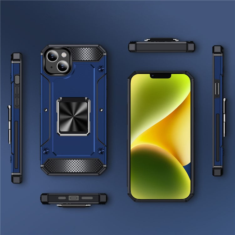 For iPhone 14 Case Rotation Ring Holder PC+TPU Drop Protection Phone Cover - Blue