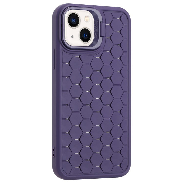 For iPhone 14 Magnetic Case Honeycomb Texture Lens Frame Kickstand TPU Phone Cover - Purple