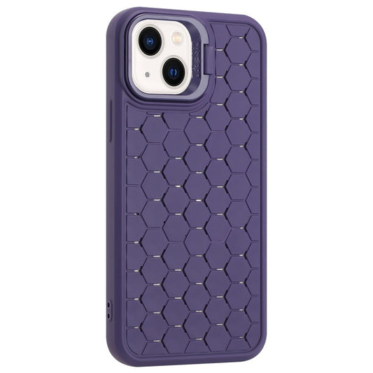 For iPhone 14 Magnetic Case Honeycomb Texture Lens Frame Kickstand TPU Phone Cover - Purple