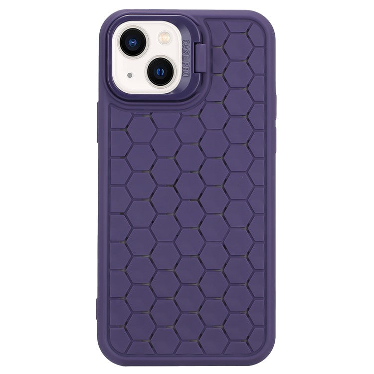 For iPhone 14 Magnetic Case Honeycomb Texture Lens Frame Kickstand TPU Phone Cover - Purple