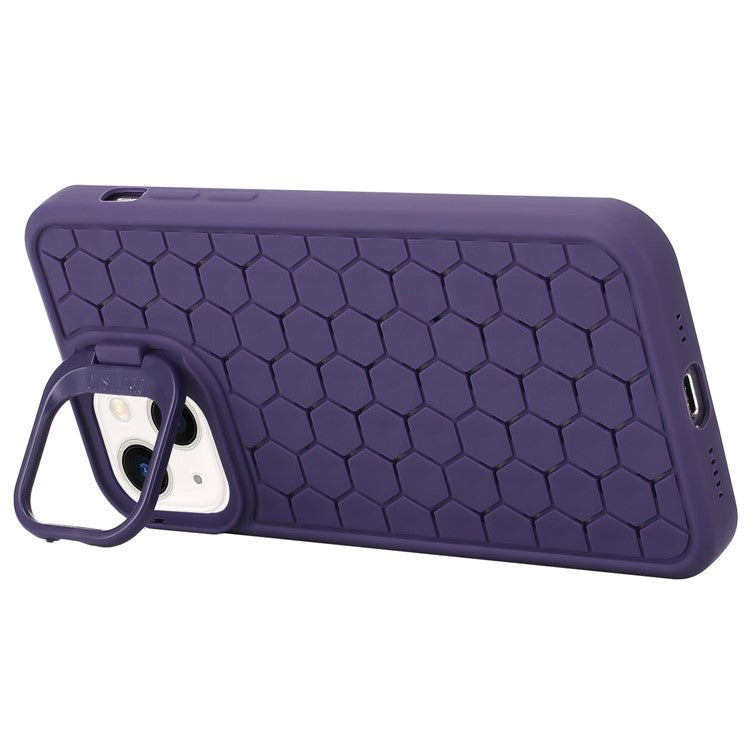 For iPhone 14 Magnetic Case Honeycomb Texture Lens Frame Kickstand TPU Phone Cover - Purple