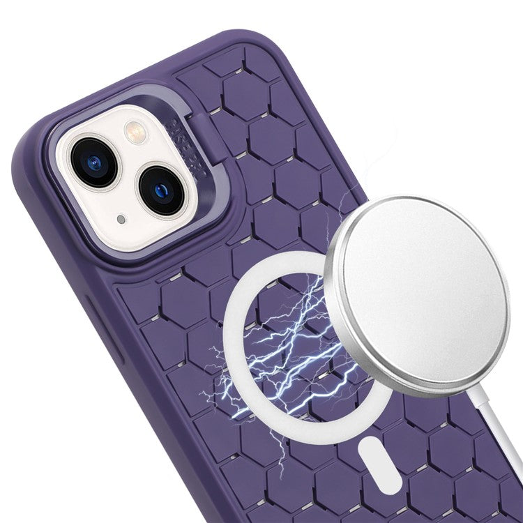 For iPhone 14 Magnetic Case Honeycomb Texture Lens Frame Kickstand TPU Phone Cover - Purple