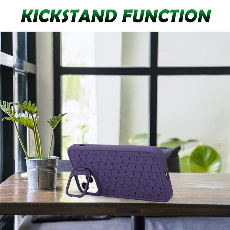 For iPhone 14 Magnetic Case Honeycomb Texture Lens Frame Kickstand TPU Phone Cover - Purple