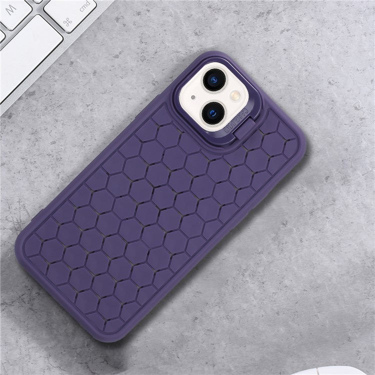 For iPhone 14 Magnetic Case Honeycomb Texture Lens Frame Kickstand TPU Phone Cover - Purple