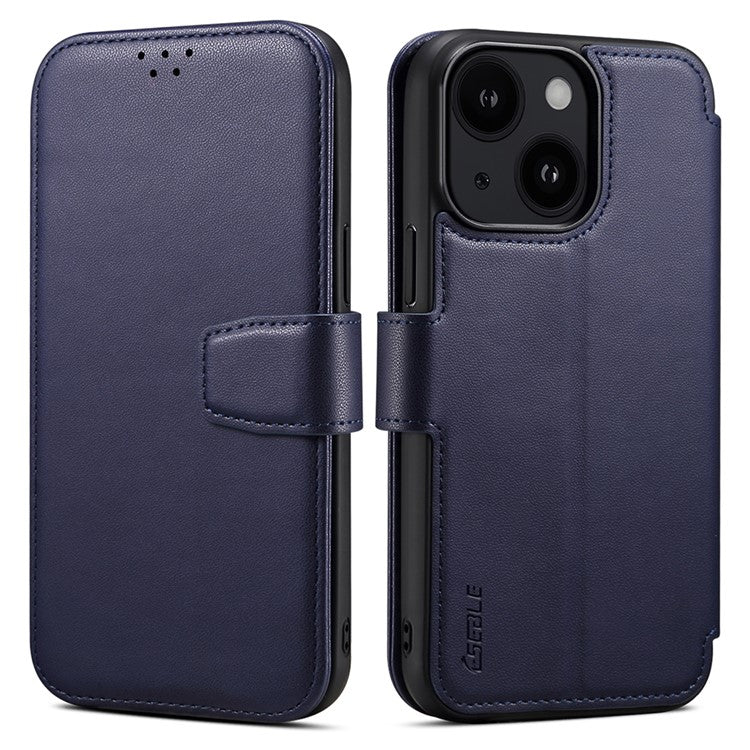 E1 For iPhone 14 / 13 6.1 inch Case PU Leather Wallet Phone Cover Compatible with MagSafe - Navy Blue